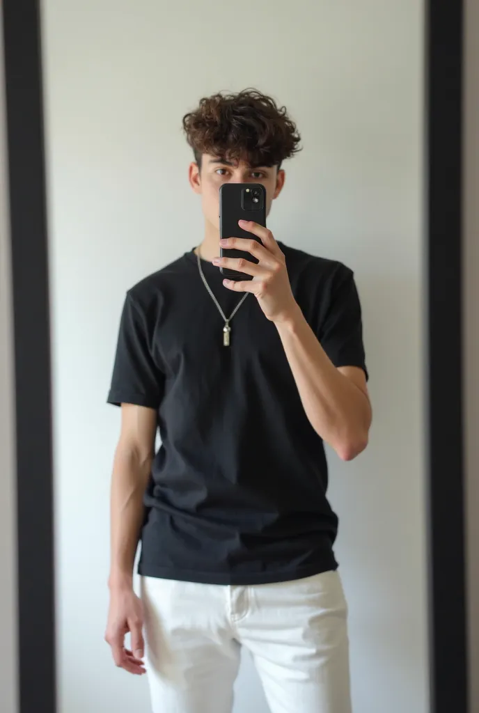 A young man with a lean but well-built physique stands in front of a tall black-framed mirror, taking a selfie with his phone completely obscuring his face. He wears a fitted black T-shirt and loose white pants, along with a thin silver necklace. His hairs...