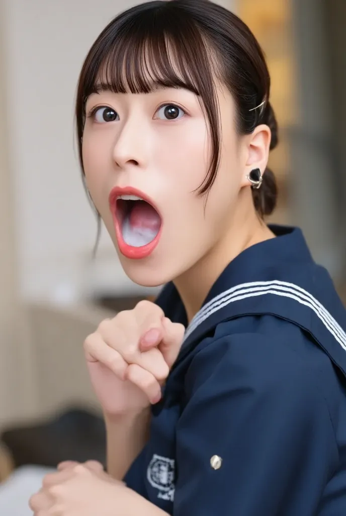 high resolution portrait photo of a Japanese woman, Photorealistic ,  open your mouth  wide, I can see semen in my mouth  , ,   masterpiece, great quality,  complicated details , professional lighting,  alone, 1 girl, (  I'm wearing a short-sleeved sailor ...