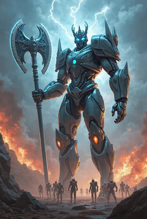 A towering mechanical god stands on the edge of a burning battlefield, his metallic Uru-infused body glowing with crackling lightning. His blue eyes shine with divine power. He grips a massive enchanted axe, Stormbreaker Prime, which surges with both Asgar...