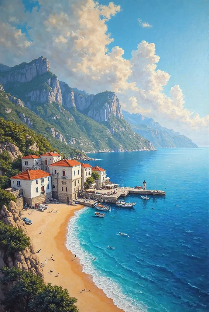 a large realistic mural of a coastal town, oil painted, with a panoramic view of a landscape of mountains, cliffs and a bright blue sea, a dramatic cloudy sky, some white stone houses with red roofs along the coast, a small golden sandy beach, several fish...