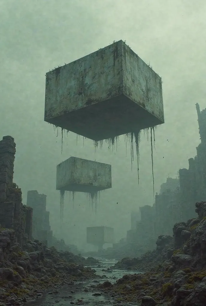 Square-shaped platforms floating in ruins in the sky with a dull and gloomy environment 