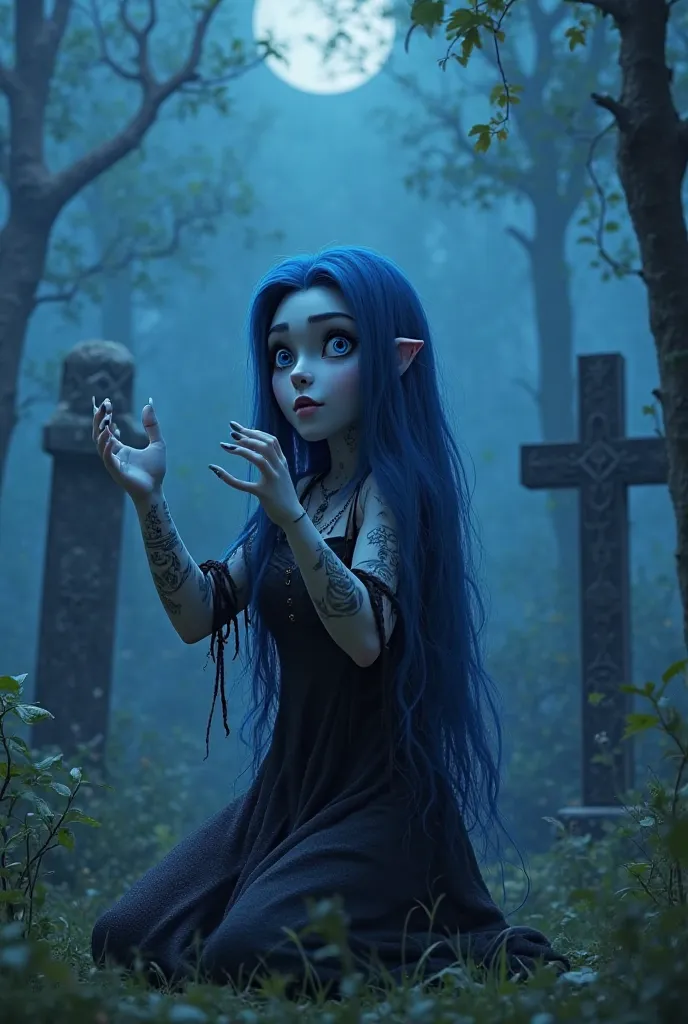 Create a Pixar character, a beautiful witch with long blue hair, white skin with lenses and tattoos, performing a ritual in a cemetery at night with her hands raised to the sky on her knees in witch clothes. 