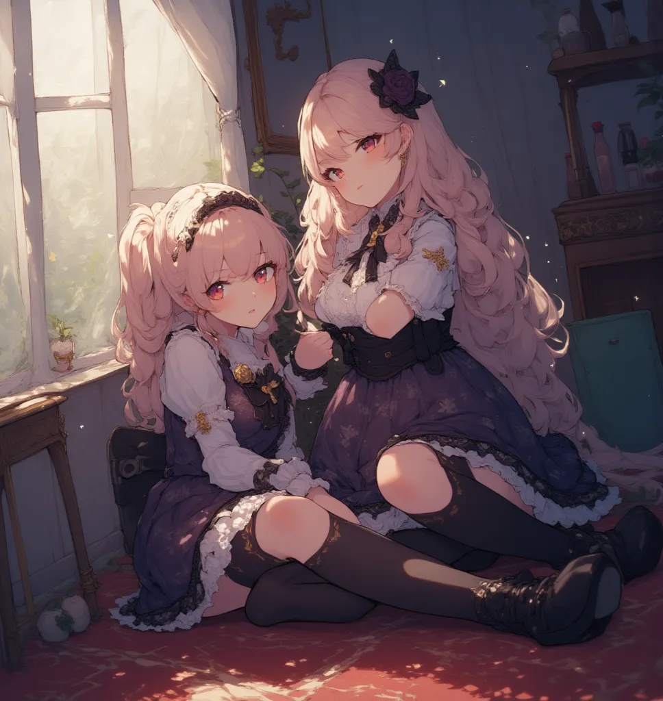 2 sisters, full portrait, anime style, getting ready for school, Gothic Lolita 