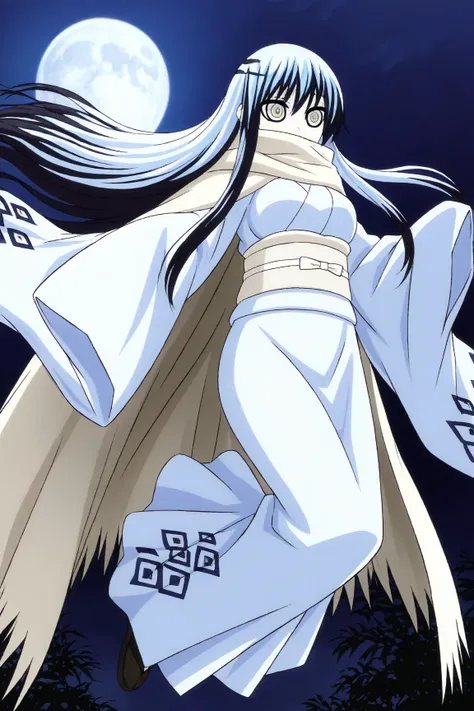  yuki onna, light blue eyes, black hair, veil covered face, multicolored hair, long hair, medium breasts, white kimono, long skirt, long sleeves, sleeves past wrists, night, moon, speed up flying, sleeves past fingers , cloak, long cape, overly long sleeve...