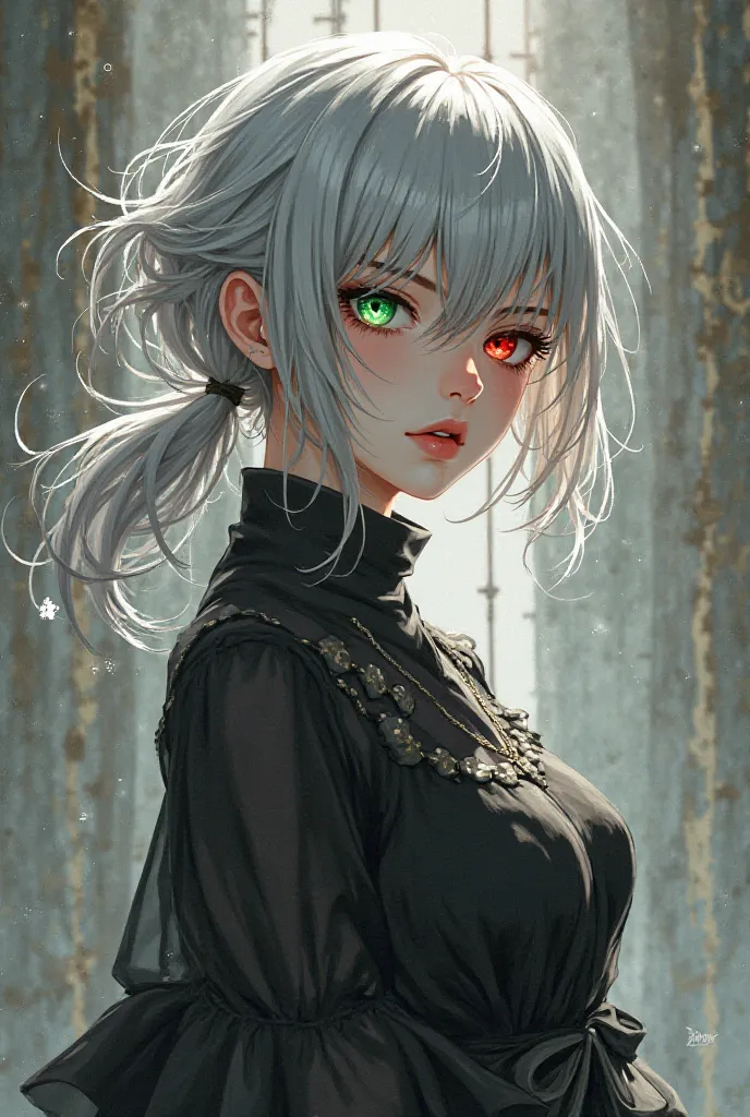 Create a character with manga traits, in full body, About s,  fair skin, gray hair, and has heterochromia (Left eye green and right eye red)