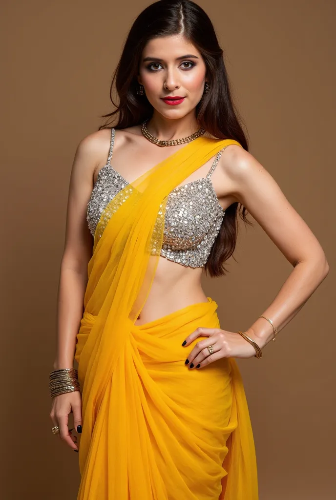 Generate a close up front image of a woman in a golden yellow color sleeveless saree. She is wearing a silver shimmering blouse with mirror sequins. It has no sleeves, has a silver satin finish with spaghetti straps. Face and body facing straight at the ca...