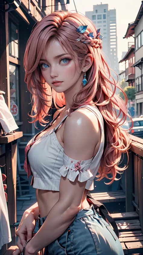 High Resolution, masterpiece,Mitchon Shikimori, pink hair near MM, Alone, 1 girl,outside,detailed background, detailed eyes, ((blue eyes))