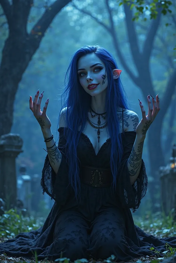 Create a Pixar character, a beautiful witch with long blue hair, white skin with lenses and tattoos, performing a ritual in a cemetery at night with her hands raised to the sky on her knees in witch clothes with a demonic smile. 