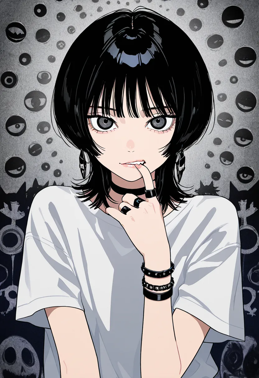 Trans girl, light skin, medium-length messy wolf cut hair, black hair, earrings, white short sleeve shirt, black bracelets, rings, spiky accessories, cute, biting lips, sus look in eyes, looking at viewer