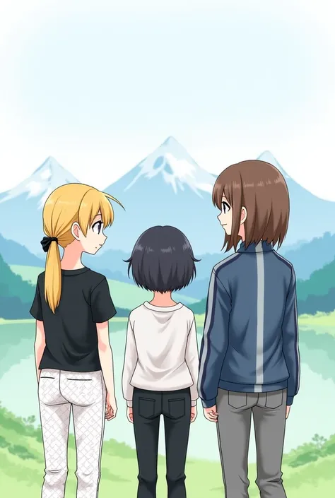 Three girls standing in front of the mountain landscape Draw the girl on the left has her blond hair gathered in the shape of a ponytail is a black short-sleeved T-shirt dressed in white patterned pants in black . the girl in the middle is wearing black ha...