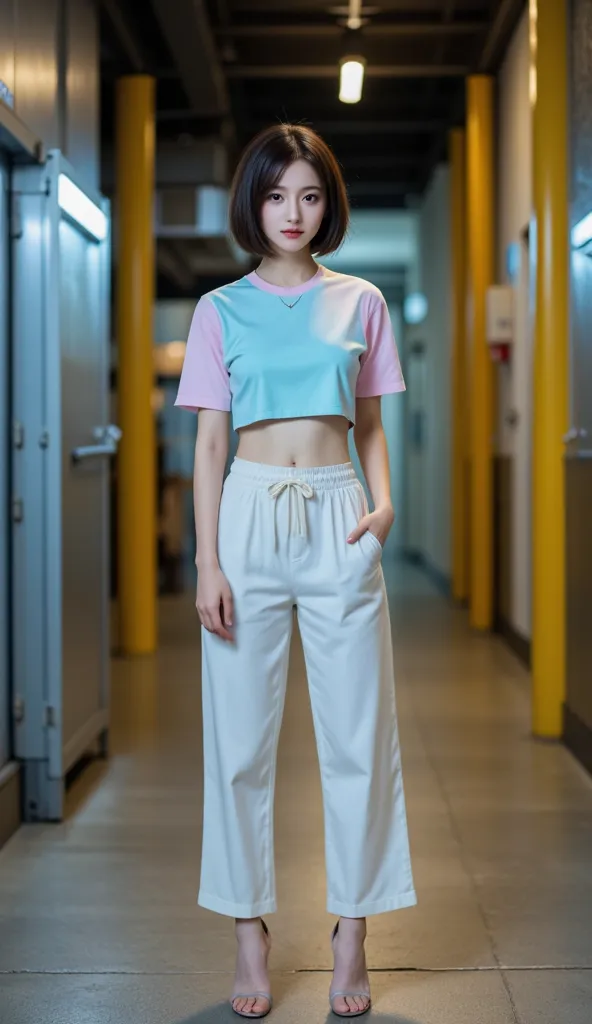 highest quality,masterpiece,High Resolution,8k,1 woman, front view,((full body shot 1.3)),standing,staring at the camera,golden ratio, perfect anatomy, (Ultra short hair), narrow waist, (tiny breasts), slender,(wearing cropped pastel colors t-shirt),thick ...