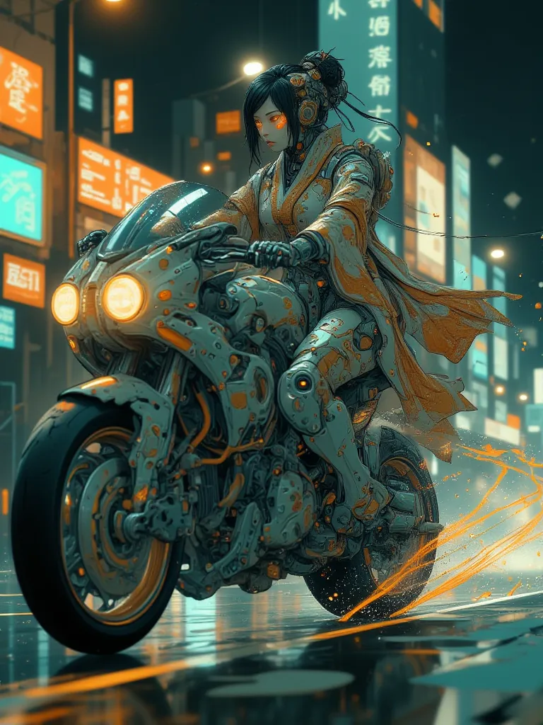 half body photo, upper body, Surrealism , Artwork, 8K quality, Geisha riding jet bike at night , upper body, Osaka highway, Kimono, Anatomically accurate, mecha, mad-cbrpnksplshrt.