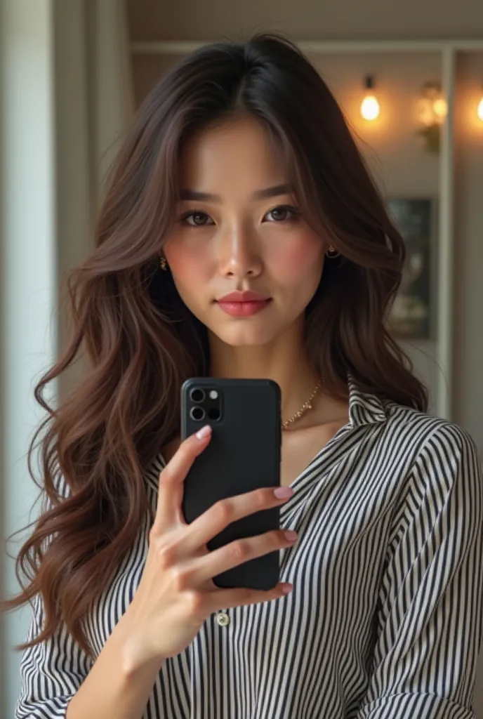 Creation of a hyper-realistic digital portrait of a young woman taking a selfie in the mirror. She has long, wavy medium brown hair, with a natural texture and a light sheen.  Her skin is light brown , with a smooth finish and a uniform tone.  Her face has...