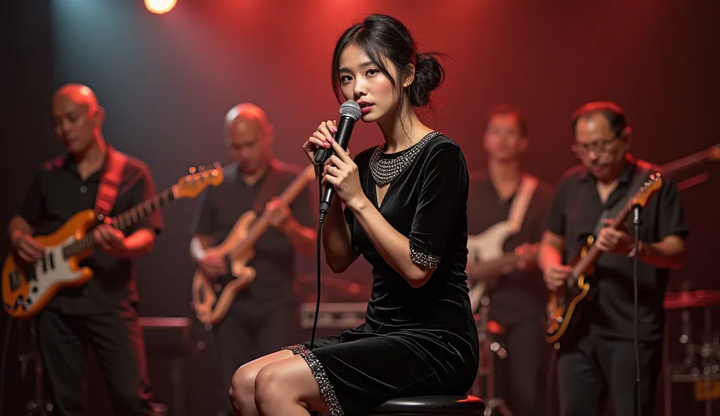 The image of a beautiful Thai woman, twentysomething, she sits singing in front of a microphone on a high desk stool, round seat, dominantly at the center of a stage among a musical band. She is holding a retro microphone, ready to deliver a heartfelt perf...