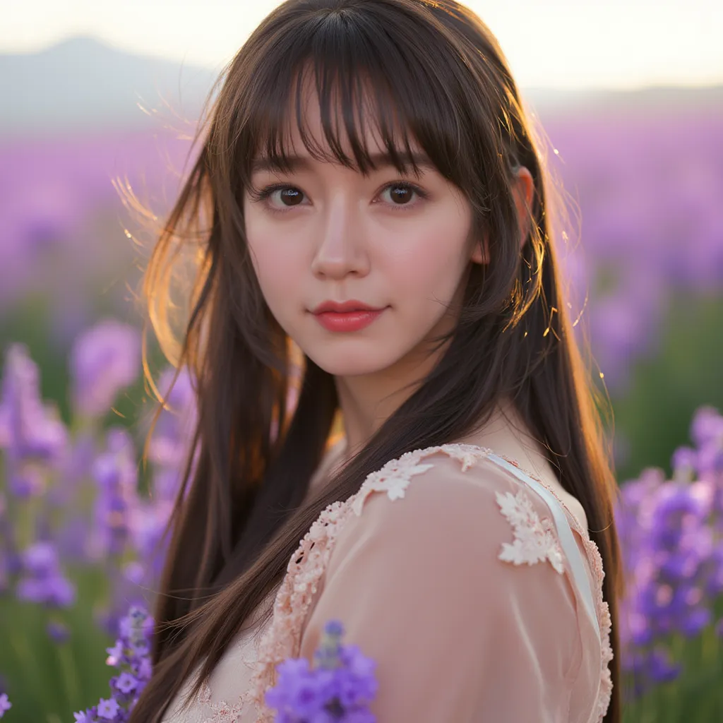 ar311.Vertical portrait of an asian woman with long har and bangs ,in a vintage dress standing in a field of lavender, soft evening light, Nikon Z9, delicate details, dreamlike atmosphere