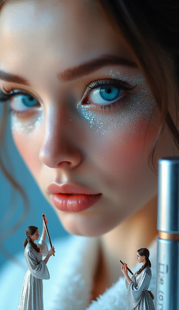 Close-up of a model’s sparkling blue eyes, surrounded by a soft, ethereal glow.** Miniature artists wearing silver robes are carefully applying glittering eyeshadow with tiny brushes.  One artist uses a fine-tipped pen to trace the eyeliner, while another ...