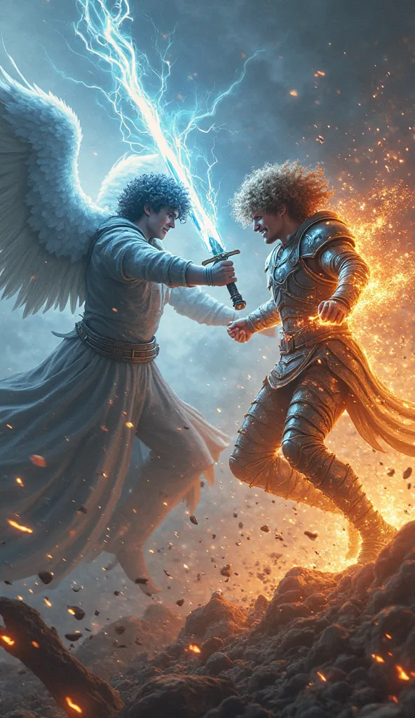 An angel with a dark-blue lightning sword with frizzy hair vs a curly-haired warrior with armor and firepower fighting