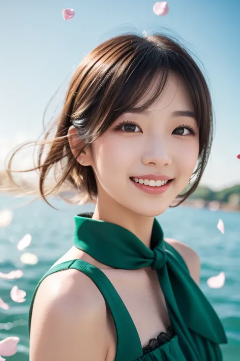 Beautiful and delicate portrait of a playful pretty girl with a short masculine hairstyle,  black hair, an emerald green sea,  mischievous smile , Dancing petals, ( top quality, Masterpiece,   ultra-realistic  )  flower petals floating in the background 