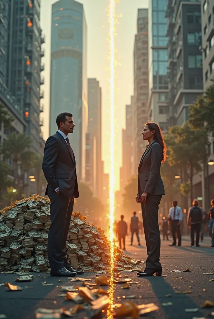 "A thought-provoking image depicting 'Money vs Impact.' On one side, a wealthy businessman in a tailored suit stands next to a large pile of cash, symbolizing financial success. On the other side, a humanitarian or social worker stands next to a group of p...