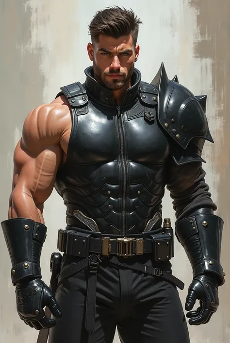 arafed man in a black leather outfit posing for a picture, a photorealistic painting inspired by Yasutomo Oka, deviantart, shin hanga, attractive beefy male with armor, attractive male with armor, hard rubber chest, muscular male hero, tight black tanktop,...