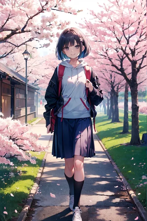 (masterpiece), high image quality,high quality,4K,woman,Rucksack,knee socks,small breasts,bob cut the blue cloth,  Evening Light  ,realistic, skinny, hoodie,skirt,smile,,((Walking through cherry blossoms in full bloom)),, (skirt揺れる:1.4)