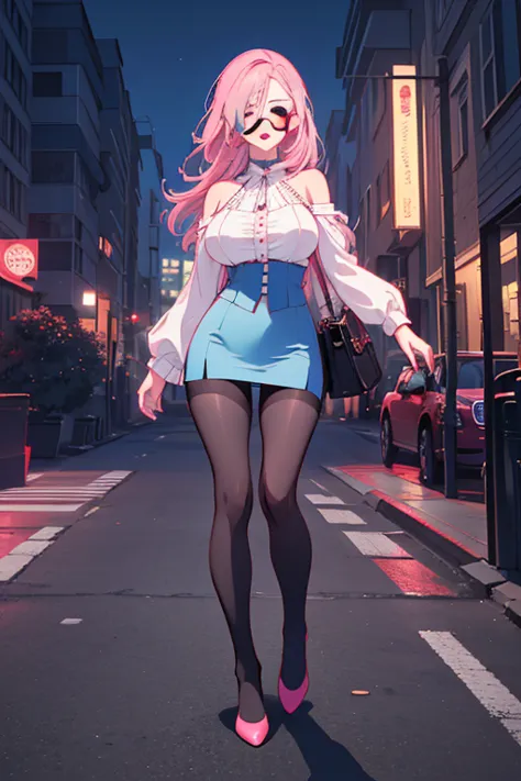 ((the best quality)), ((masterpiece)), (Detailed), 1 woman, (( with a white blouse)),((lentes)), ((neckline)), ((big breasts)), (( mini skirt)), ((black tights)), ((pink hair)), ((Blue Eye Patch)), ((red lips)), ((full body)), ((front view)), ((vista de fr...