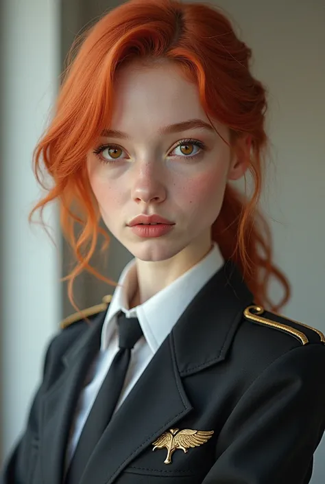  Redhead in a desk uniform looking at the camera