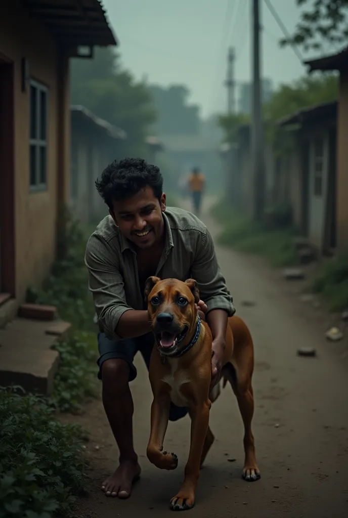 Dog gripping Ramesh’s shirt gently with its teeth, pulling him towards a narrow dirt road. Ramesh, semi-conscious, his face showing pain but also surprise at the dog's effort. The background shows a small rural street, dimly lit by an old streetlamp, with ...