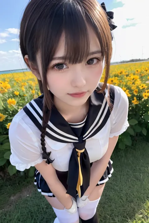 like an idol ,長いhair  , round face ,bust up , mediumchest,((masterpiece)),(best quality),official art,very detailed CG,Unity 8k wallpaper,Ultra High Definition,1 girl,Alone,(((is standing))),(portrait:1.2),schools_uniform,sailor服, close _lighting behind th...