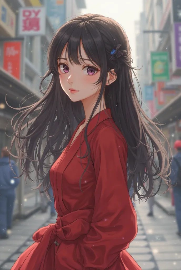 Best quality、8k、Guaranteed：1.3））、 1 girl、smile、full body、slim face、 Kiri Reina female、（Dark Prawn Hair）、Full-length dress：1.1、super detailed face、detailed eyes、double eyelids、Other background、slim face、City、outside、street