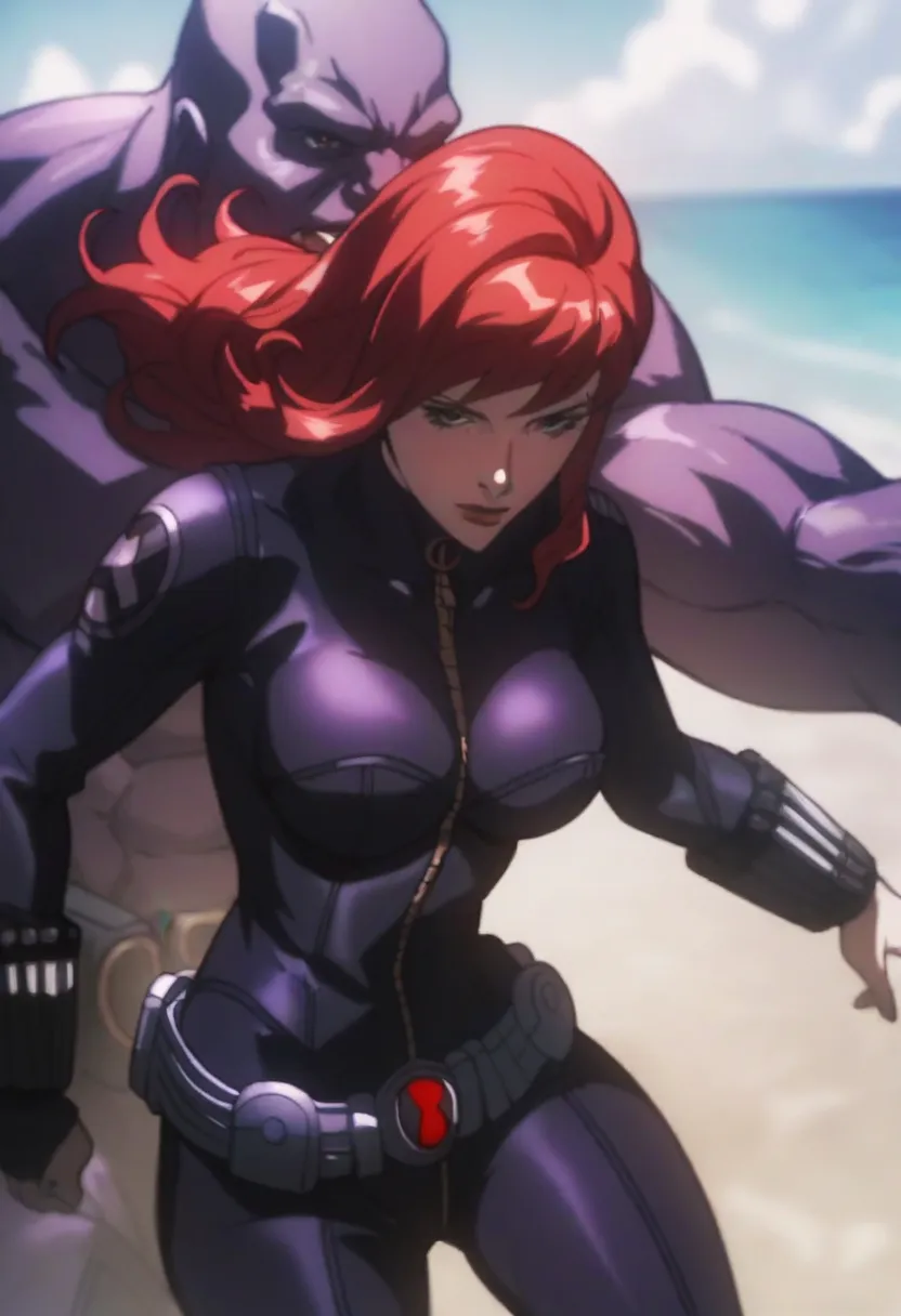 black widow anime, bodysuit, red hair, long hair, medium breasts, thanos anime, purple skin, thanos breaks black widow