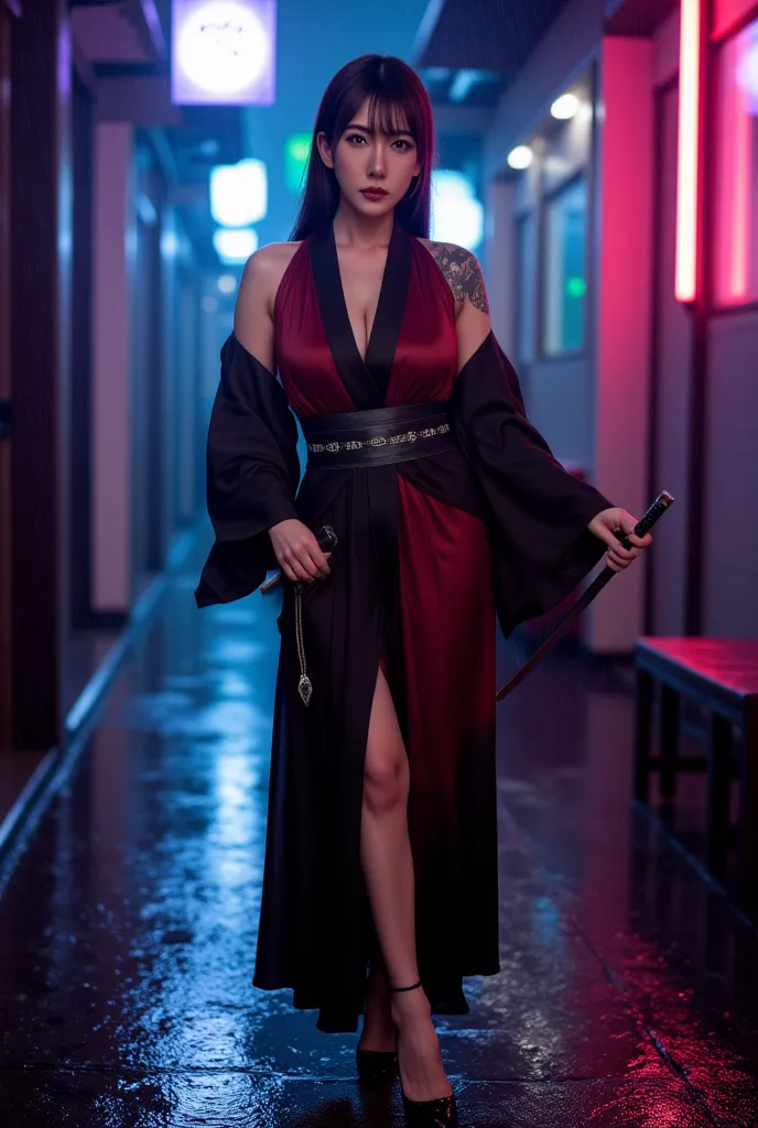 A dangerously charismatic Asian woman in black-red ombre kimono (torn sleeves/high slit revealing slender leg), dragon tattoo on shoulder, holding antique dagger in rainy alley. Cyberpunk neon lights (indigo-purple palette) backdrop, wet cobblestones refle...