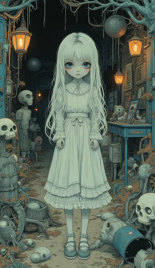    Tim Burton Style、albino girl、 dynamic composition、Lively decorations、extremely realistically、