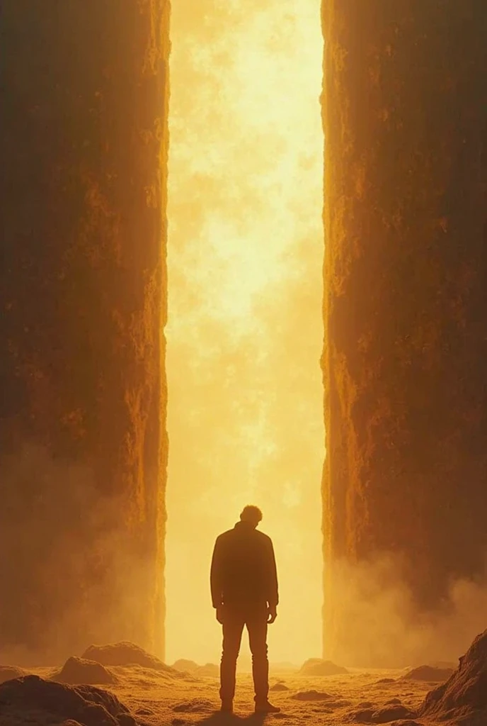 A powerful yet gentle light from above intensifies. The man lowers his head in shame, realizing his broken promise. The golden gate remains in front of him, radiating a warmth that makes him yearn even more.