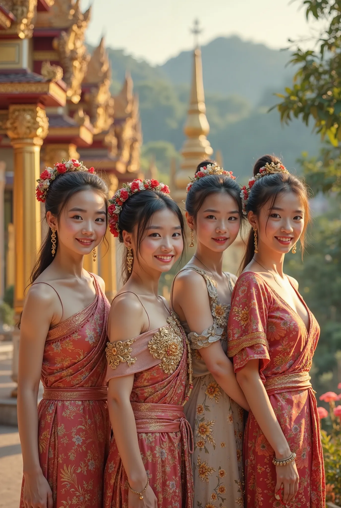 four young chinese female tourists, aged 20 to early 25s, wearing elegant traditional lanna thai clothing,highly detailed portrait, photorealistic, 8k, studio lighting,sharp focus,physically-based rendering,professional,vibrant colors,beautiful outdoor lan...