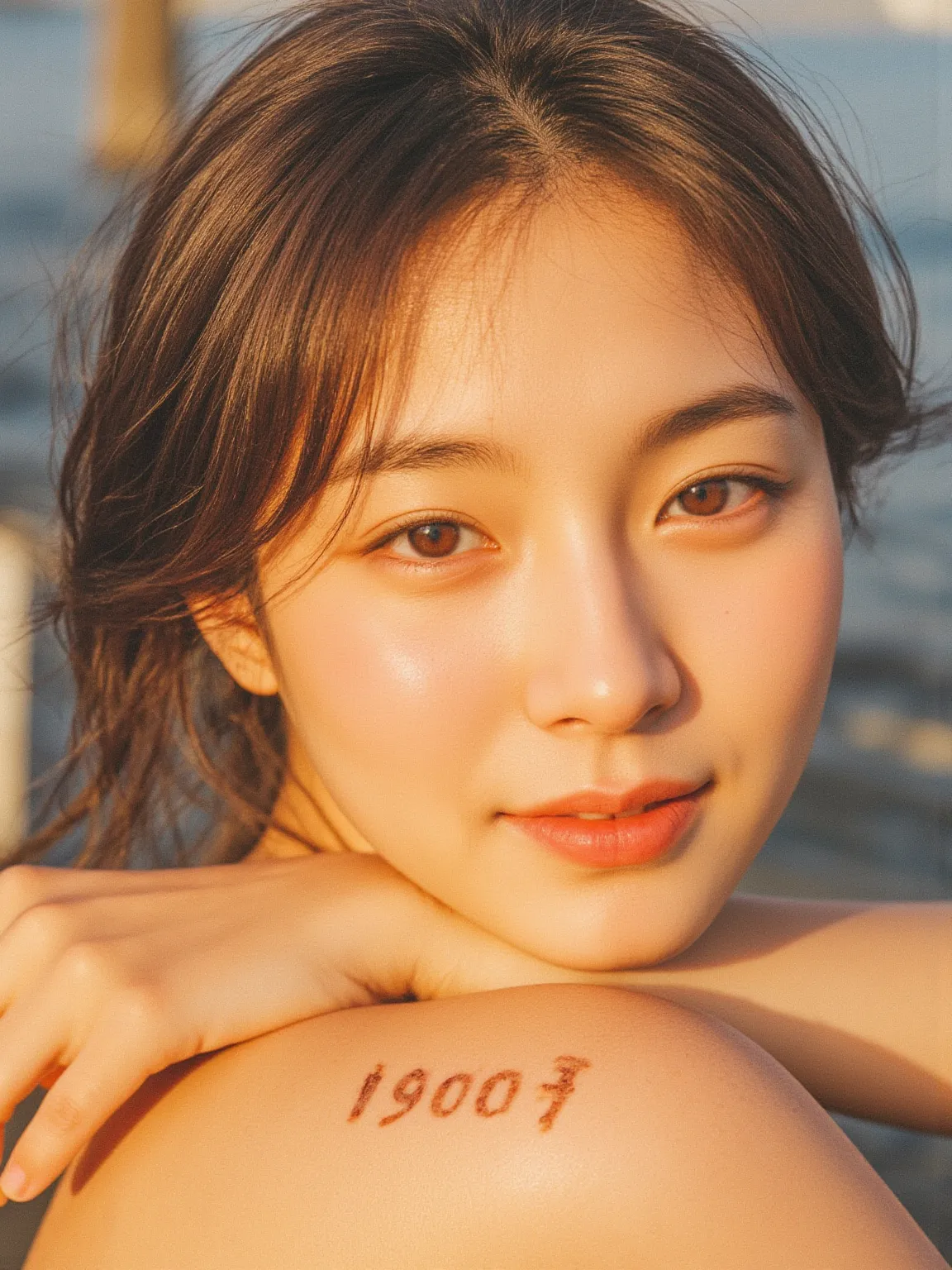 Art of a young Japanese woman's tanned skin on her bare skin. She is smiling as she hugs herself on her bare skin. There is a shape with “1700F” written in the mark of the skin left by the suntan.