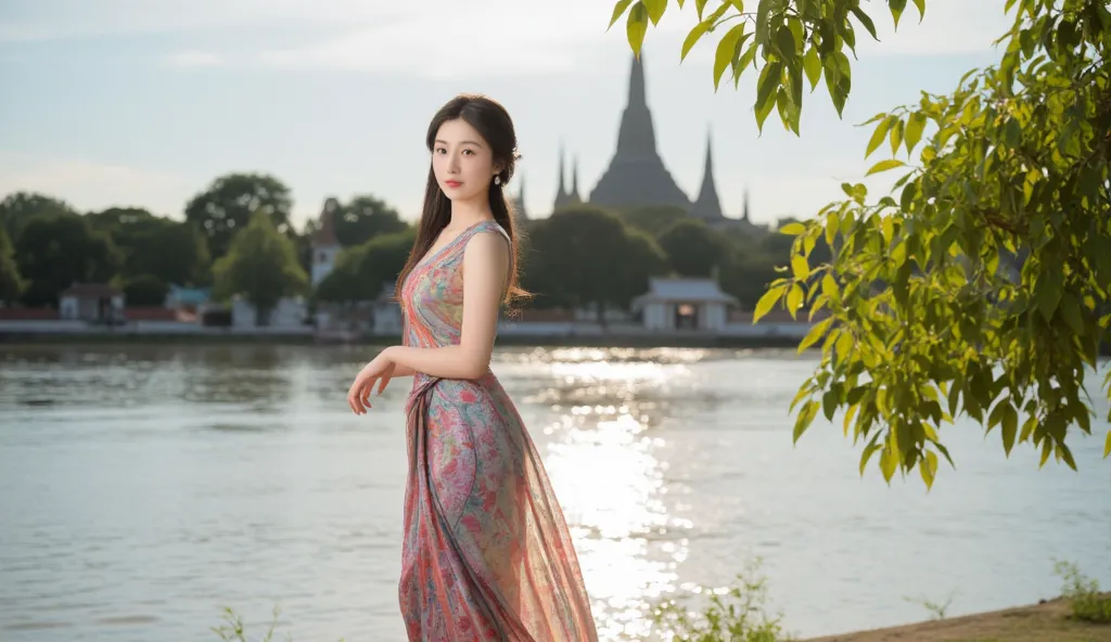 Beautiful Miss Thai dress from Krungsri Ayutthaya standing on the banks of the Chao Phraya River