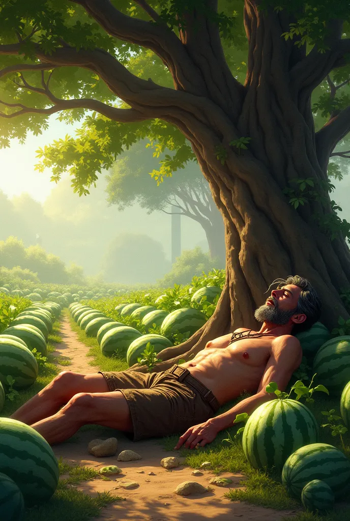 A man is lying under a banyan tree and is guarding a watermelon garden, but he has fallen asleep.