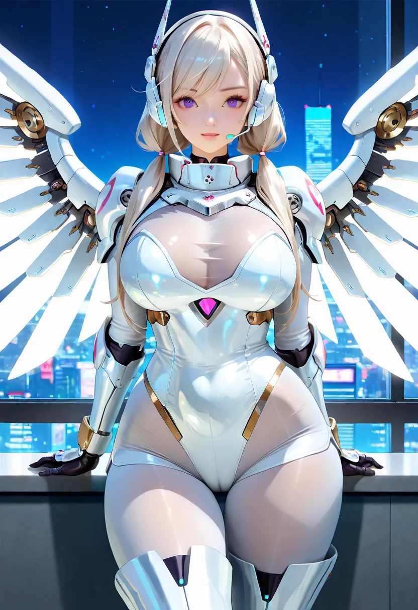 solo,1girl,((Brainwashed Electronic Machine Angel)),((Tight fit that bites into your skin)),((White stockings Zentai Bodysuit)),((pure white angel leotard)),((tight size long sleeve leotard armor)),((cyber communication headset)),((white mechanical protect...