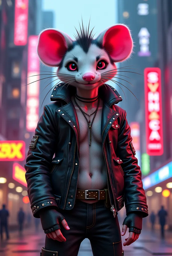 by angiewolf, hioshiru, puro, anthro, male, opossum, solo, clothing, fur, 2024, lidded eyes, Punk outfit, city background, hentai