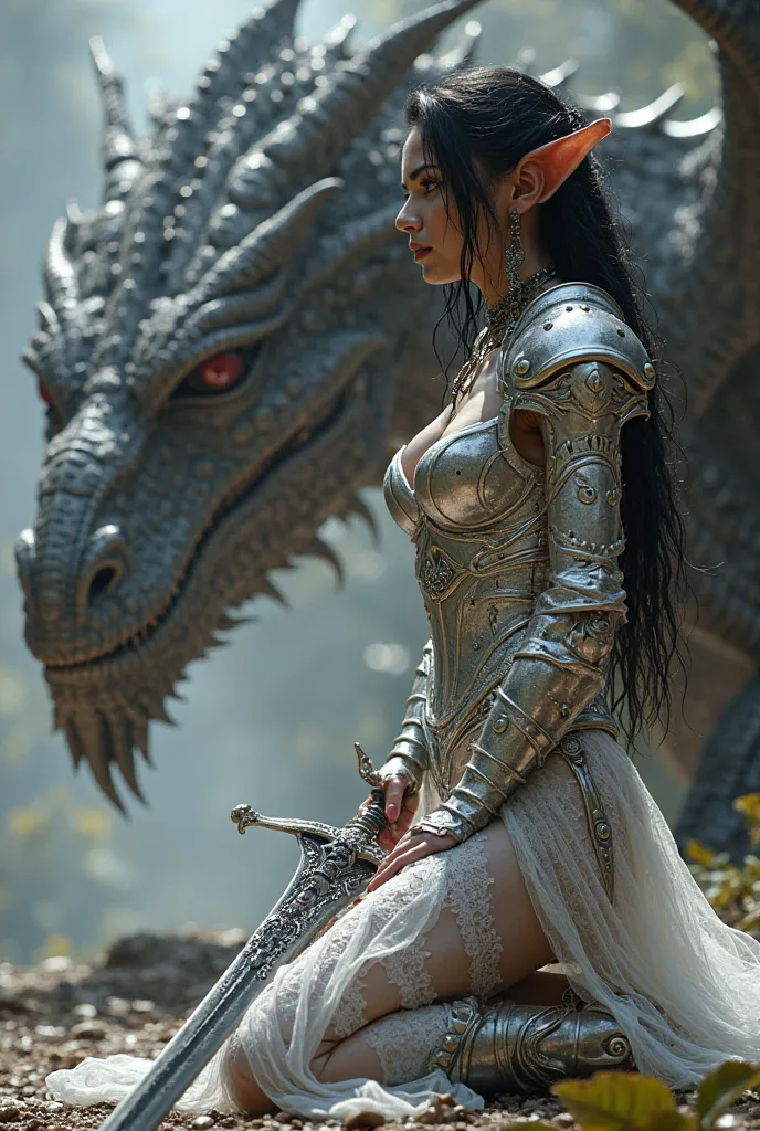 a sexy armored, armor is colored silver and shiny with white lace vagina exposed, female elf with black hair with deep cleavage, large breasts, magic user, make sure the sword looks right, sword is a large broadsword but very elegant and unique, energy han...