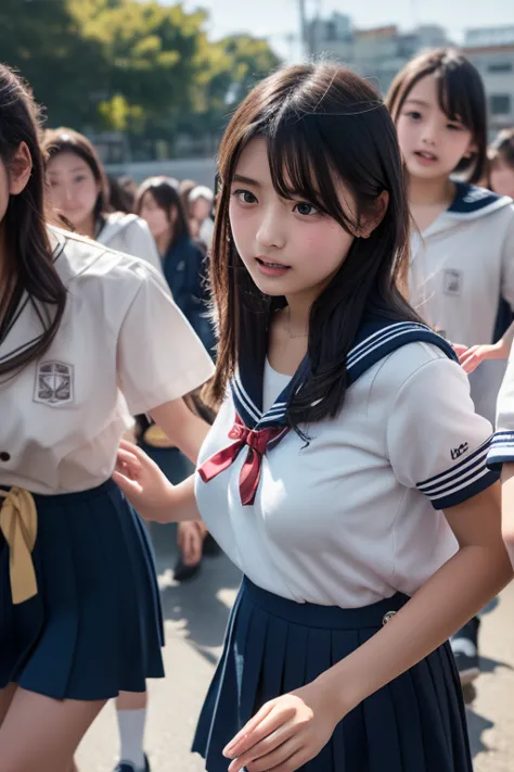 highest quality,  Ultra High Resolution、realistic skin、crowd、Japanese、((cute middle school girl getting taken away from others))、(( Low))、(( body type))、(( small tits))、 black hair、brown eyes、sailor suit、They are clenching the hem of the skirt、looking down