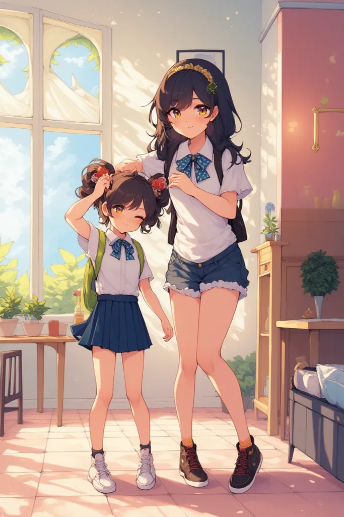 2 sisters, full portrait, anime style, getting ready for school 