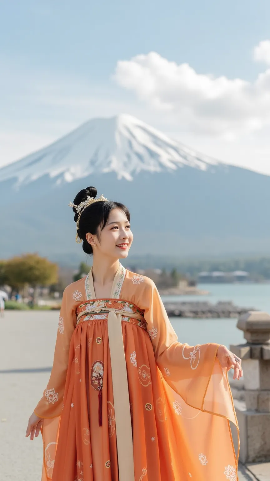  photos, orange color, Hanfu、Chinese clothing , 1 girl, solo, cute, looks at one woman, smiles,is standing, Mount Fuji and Lake Kawaguchi in the background ,High Resolution, masterpiece, anatomically correct, highest quality, 