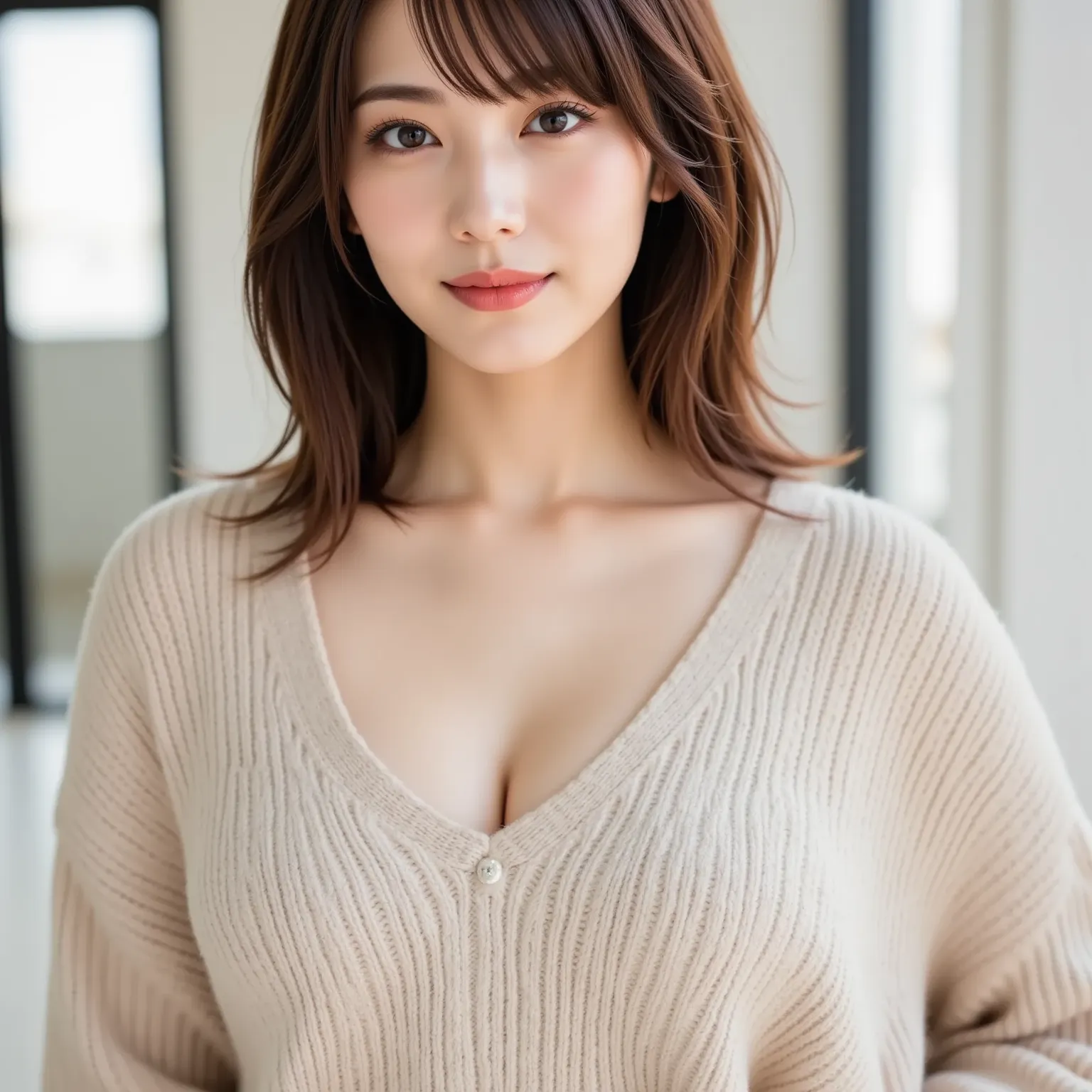 
Big girl in knitwear、I feel like I'm working in a clean office。I'm wearing a knit that's slightly open to my chest。Please take the full picture。Please take a picture of everything up to the head。