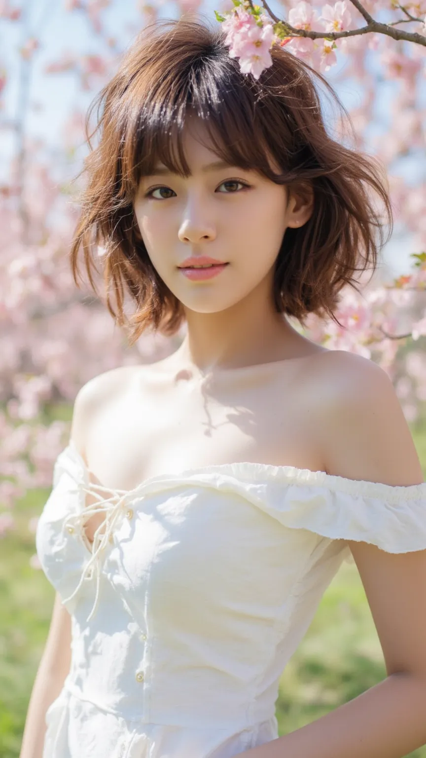 (realistic、as shown in the picture、live-action、8k, Photorealistic)、( cherry blossoms in full bloom:1.3)、(A fitted off-the-shoulder white lace-up sexy dress that accentuates large breasts:1.4、clothes that fit the body、Big Breasts、((Hair with pink inner colo...