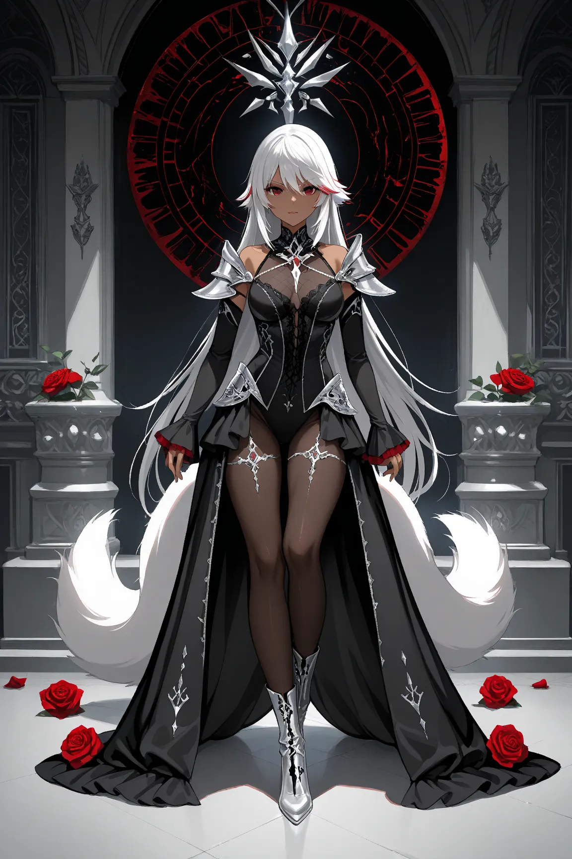 A gothic fantasy female character dressed in an intricate black ensemble with silver accents and deep red rose embellishments.  dark skin, The outfit features a high-neck, form-fitting bodysuit with elegant silver linings and an asymmetrical layered overco...