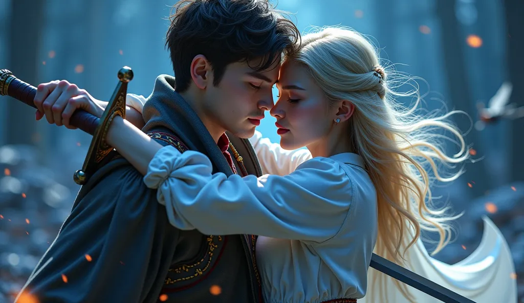  fantasy。Attacked by many flying demons、A young man who hugs a beautiful blonde woman crying and closes her eyes while fighting with a sword with an angry face。Stars that shine like crystals at night。4K