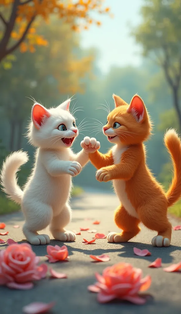 A WHITE ANGRY OVER ATTITUDE CAT SLAPS A ORANGE CAT ON A ROAD AND A ROSE WAS THERE ON THE ROAD 3D CARTOON