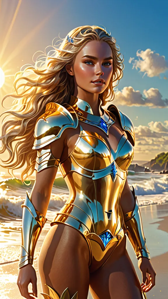 A stunning Golden Warrior stands on a sunlit beach, her bronzed skin glistening under the golden light. She wears minimal golden armor, accentuating her toned physique, with delicate engravings reflecting the sunlight. Her long, wavy blonde hair cascades d...